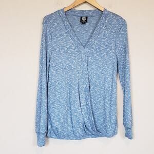 Bobeau Blue Faux Wrap V-Neck Long Sleeve Knit Top Women's Small Fall Casual